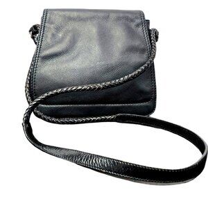 Woolrich Black Genuine Leather Crossbody Bag Braided Strap Multiple Pockets